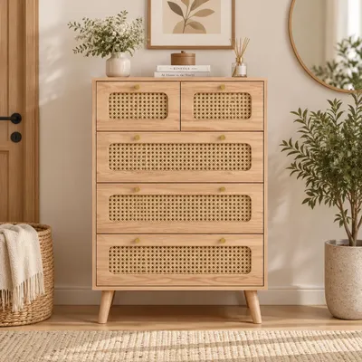 Productafbeelding van INONEFT Kommode met 5 laden, dressoir, opbergkast, geschikt voor slaapkamer, woonkamer en hal, 34 x 91 x 60 cm, natuurlijke houtkleur