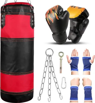 Produktbild von Boxsack Set Kinder 7 IN1 mit 2FT Beutel Ungefüllt 6OZ Handschuhen Stahlkette Kickboxen MMA Muay Thai Rot