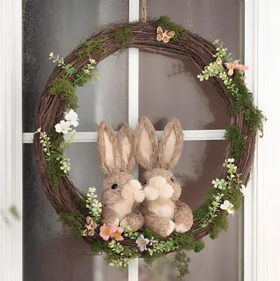 Produktbild von großer Kranz "Hasenpärchen" Ø 40 cm, Osterkranz aus Reisig, Dekokranz mit Osterhasen aus Stroh, Türkranz, Osterdeko, Naturkranz