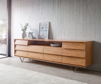 Produktbild von DELIFE Sideboard Eloi 240x40 cm Akazie Natur 2 Türen 6 Schubladen V-Fuß Edelstahl