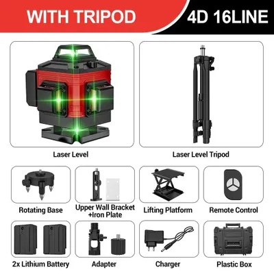Produktbild von 4D Linienlaser - 16 Linien 4x360° - Automatisch selbstnivellierend 3° - Kreuzlinien horizontal & vertikal - Grüner Strahl für Innen/Außen - Mit Kunststoffkoffer