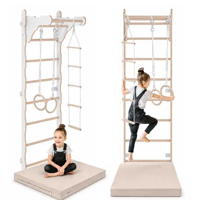 Produktbild von Gymnastik-Sprossenwand für Kinder (210 cm) | Wandmontierte Holzleiter | Kletterleiter für Kinder | Turnringe | Schutzmatte | Kletterseil | 100% ECO