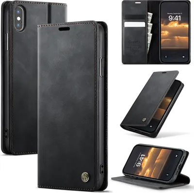 Image de Étui en cuir pour iPhone XS Max, protection RFID, fermeture magnétique, fentes pour cartes et fonction stand Noir