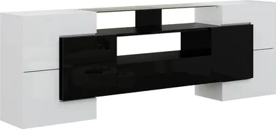 Image de Meuble TV bas - Meuble TV - 200 cm - Finition brillante - Éclairage LED - Surface en verre - Design moderne - Cadre en bois - Blanc