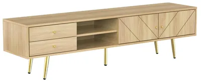 Immagine prodotto di Mobile TV per soggiorno - Mobile TV - Design moderno - Realizzato in MDF e pannelli di legno - 2 cassetti e ante - Gambe in metallo dorato - 160x36x42 cm - Aspetto effetto legno