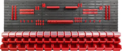 Produktbild von 48 Stapelboxen Wandregal Kunststoff Deckel 172 x 78 cm Werkzeughalter Werkstatt Garage  Lagersystem Sichtlagerkästen Schütte