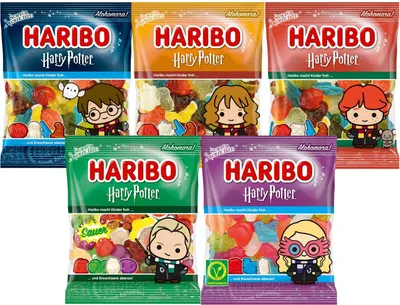 Produktbild von 5er Set Haribo Harry Potter Limited Fruchtgummi Editionen Harry Hermine Ron Draco Luna