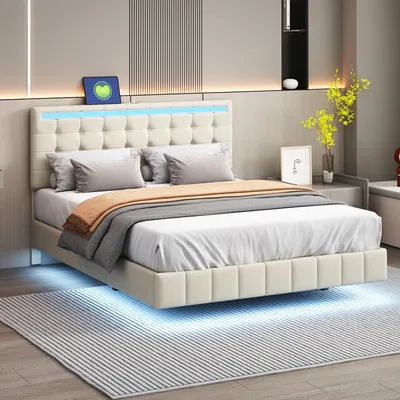 Obrázek produktu pro MODFU Čalouněná postel Manželská postel 140x200 cm s LED osvětlením a USB zásuvkou, Rám postele ve vzduchu a výškově nastavitelný čelní panel (bez matrace), Béžová