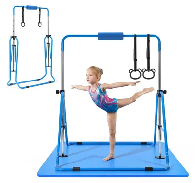 Produktbild von Gymnastikstange für Kinder - Turnreck mit Matte - Klappbar - Höhenverstellbar - Bis 63,5 kg belastbar - Für Indoor & Outdoor Training - Blau