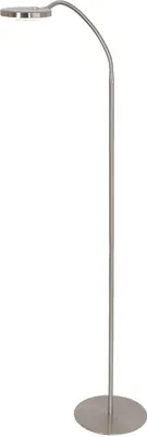 A silver floor lamp with a circular light head and a flexible neck, shown against a white background.