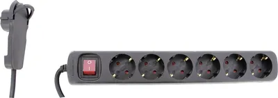 A black power strip with six outlets and a red on/off switch, shown with its plug and cord.