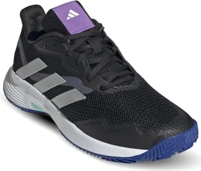 A single black Adidas tennis shoe is shown from a three-quarter angle on a white background.