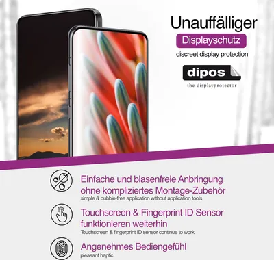 Product marketing image showing two smartphones with a screen protector applied to one, along with feature descriptions.