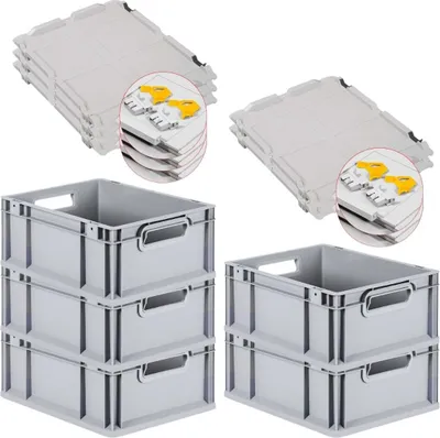 Produktbild von SuperSparSet 5x Eurobox NextGen Grip mit Scharnierdeckel und gelben Schiebeschnappverschlüssen | HxBxT 17x30x40cm | 16 Liter | Grau | Griffe offen | Glatter Boden | Eurobehälter, Transportbox, Transportbehälter, Stapelbehälter