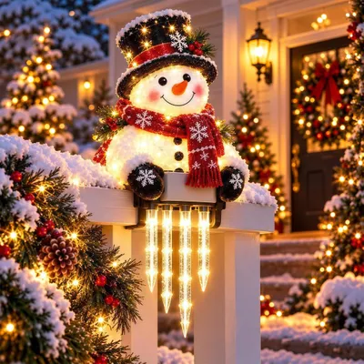 Produktbild von Weihnachts-Schneemann Solar-Klemmleuchte, warmes Licht, Eiszapfen-Effekt, für Garten, Balkon, Zaun, Nacht-Automatik, wetterfest, Weihnachtsdeko