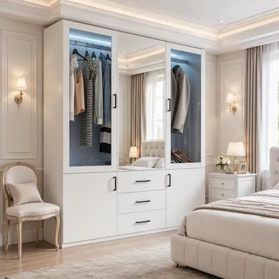 Produktbild von INONEFT Kleiderschrank mit LED und 3 Schubladen, 130×51.8×181.5cm 4 Türen Garderobenschrank mit Spiegel, Schlafzimmerschrank, Drehtürenschrank, weiß