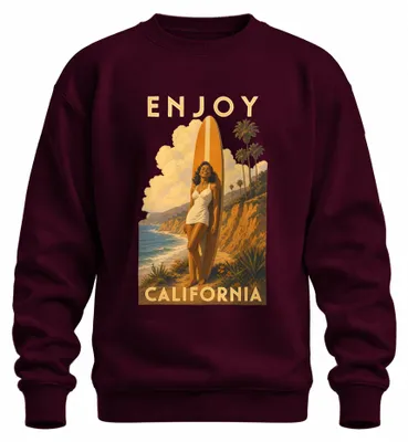 Zdjęcie produktu dla Bluza vintage "California Surfer Girl" z motywem plażowym, idealna na lato, w kolorze burgundowym, rozmiar 3XL
