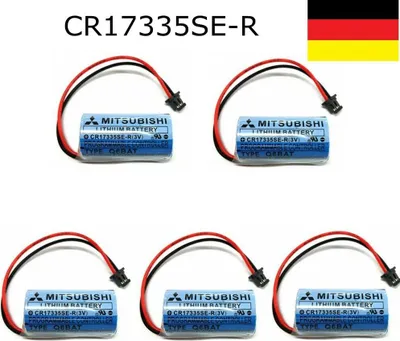 Five Mitsubishi CR17335SE-R batteries with wires and connectors are arranged in two rows on a white background. A German flag is in the top right corner.