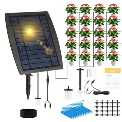 Produktbild von Vigevee Solar Bewässerungssystem Automatisch Pflanzenbewässerung 20 Tropfer Bewässerung Timer Doppelpumpe Bewässerungssystem Wasserspender Bewässerung mit 12 Timer-Modi Funktion
