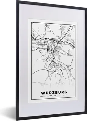 Produktbild von MuchoWow® Gerahmtes Poster Würzburg - Karte - Stadtplan - Wegbeschreibung 40x60 cm - Poster mit Schwarzem Bilderrahmen Wandposter Rahmen Foto Bilder - Poster in Rahmen