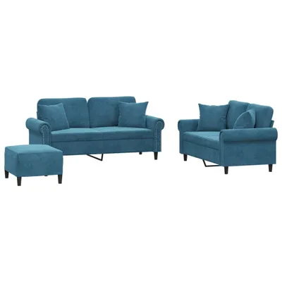 Produktbild von vidaXL 3-tlg. Sofagarnitur mit Kissen Blau Samt