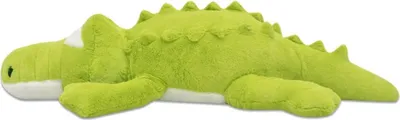 A plush toy crocodile lying on a white background.