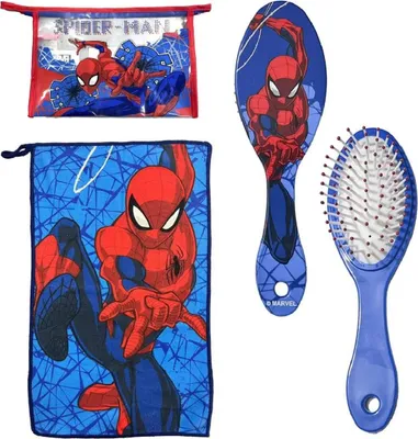Zdjęcie produktu dla Kosmetyczka podróżna Spiderman z grzebieniem, ręcznikiem i torbą Spiderman - Kosmetyczka Spiderman do podróży lub szkoły