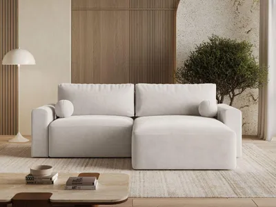 Produktbild von GrainGold Ecksofa L-Form Aurora - Ecksofa mit Schlaffunktion, Bettkasten - Moderne Ecksofa, Wohnzimmer Sofa - Eckcouch mit Velvet-Stoff - Creme (Castel 03)