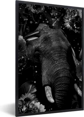 Produktbild von MuchoWow® Gerahmtes Poster Botanischer Elefant mit hellen Kugeln auf schwarzem Hintergrund - schwarz und weiß 60x90 cm - Poster mit Schwarzem Bilderrahmen Wandposter Rahmen Foto Bilder - Kunst