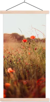 Produktbild von MuchoWow® Textilposter Sonnenuntergang - Blumen - Rot 40x80 cm mit holzfarbenen Rahmen - Wohnzimmer