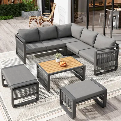 Produktbild von Terrassenmöbel-Set, Garten-Lounge-Set für 6–7 Personen, handgewebtes Seil-Sofa, wetterfestes Eck-Set & Liegestuhl aus Eisen, verstellbare Füße, grau