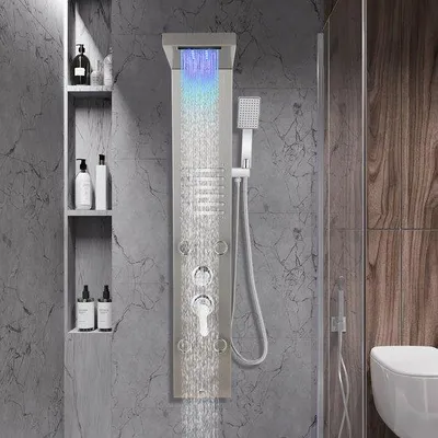Immagine prodotto di Pannello doccia con idromassaggio - argento - Doccia a pioggia - Pannello doccia LED con getti massaggio - Colonna doccia con doccia a pioggia, display LCD e soffione manuale con 5 funzioni