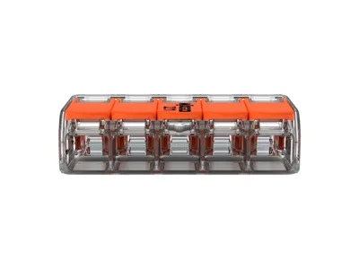 Immagine prodotto di Morsetto per scatola di derivazione Wago COMPACT a 5 poli con leve, max. 6 mm², trasparente, confezione da 15 pezzi.