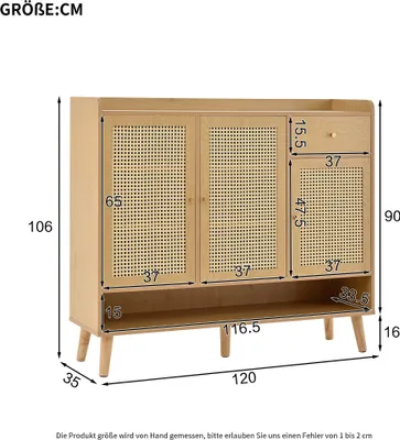 Image de okwish Meuble à chaussures en rotin, 3 portes et tiroirs, 5 étagères, meuble d’entrée – 120 x 106 x 35 cm