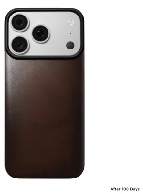 Imagen del producto de Nomad, funda para iPhone 18 Pro con parte trasera de cuero Horween y sistema de carga magnética MagSafe, color marrón rústico