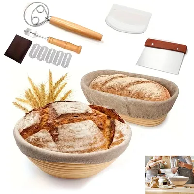 Produktbild von Brot Gärkorb Set Rund 23cm & Oval 25cm aus Rattan, mit Teigschaber, Leineneinsatz, Brotlame und Brotback Zubehör