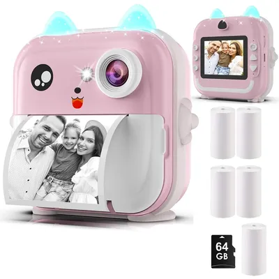 Produktbild von 2.4 Zoll Digitalkameras, Interaktive Kinderkamera – Sofortdruck, 2400W Pixel, 64GB, Spiele & Musik, 5 Rollen Papier