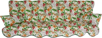 A close-up, front-facing view of a floral patterned cushion for a swing or bench.