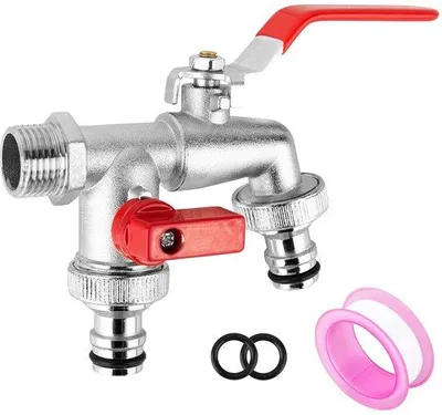 Produktbild von Ibenzoa® Garten-Doppel-Kugelhahn aus Messing – 2 Ausläufe, inkl. 2 Dichtungen & Dichtband, Adapter für 12 inch/34 inch, für Bewässerung & Waschmaschine