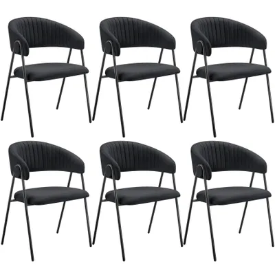 A set of six black armchairs arranged in two rows of three.
