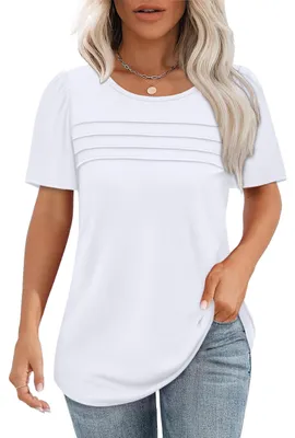 Produktbild von Chicrise Oberteile Damen Sommer Kurzarm Plissierte Rundhals Tshirt Puffärmel Ele