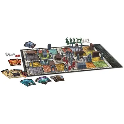 A tabletop board game with miniature figures and cards laid out on a dungeon-themed game board.
