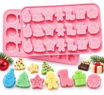 Silikon-Schokoladenform Weihnachten, 1 Stück, 7 Motive, rosa
