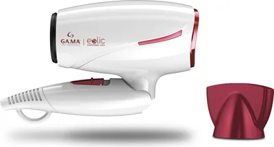 A white and red professional hairdryer with a red nozzle attachment, shown on a white background.