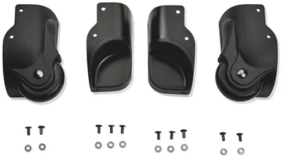 Four black replacement wheels and screws for luggage or cases.