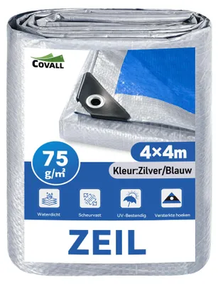 Immagine prodotto di Telo in polietilene (PE) da 75 g/m², dimensioni 4x4 metri, impermeabile, colore argento/blu, resistente ai raggi UV e allo strappo