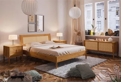 Produktbild von Schlafzimmer Set 4-teilig PORI-165 mit Bett 160x200 in Wildeiche massiv geölt mit Rattankopfteil