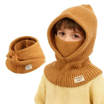 Immagine prodotto di Cappuccio antivento invernale per bambini, in maglia, caldo, scaldacollo, colore giallo