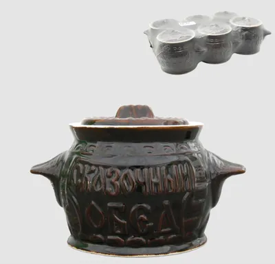 A large ceramic pot with a lid and a six-pack of smaller ceramic pots are shown against a light gray background.