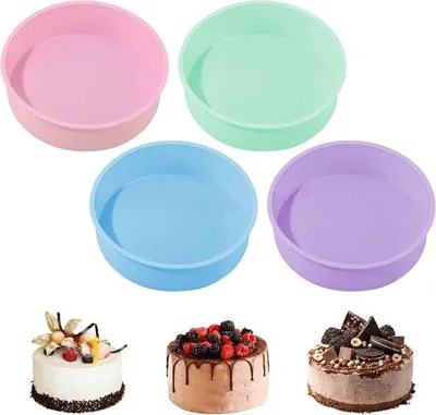 Produktbild von Silikon-Rundkuchenformen 20 cm, 4er-Set, antihaftbeschichtet, für Gugelhupf, Käsekuchen, Regenbogenkuchen und Millefeuille